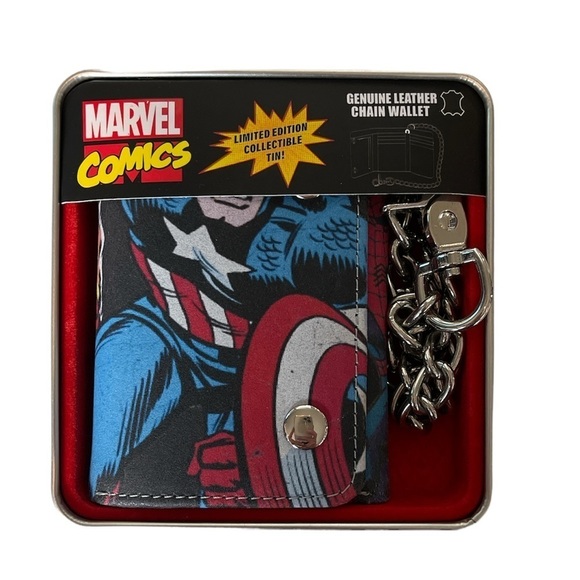 Marvel Other - MARVEL CAPTAIN AMERICA PATTERNED WALLET WITH CHAIN  IN COLLECTIBLE TIN